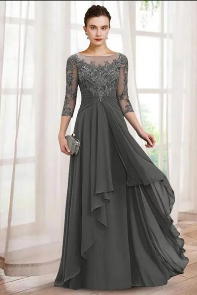 Half Sleeves Lace Appliques Mother of Bride Long Dress
