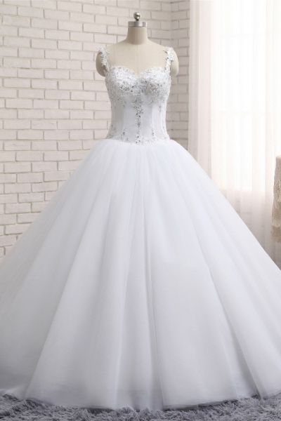 A-line Straps Sleeveless Court Train Tulle Wedding Dress With Appliques