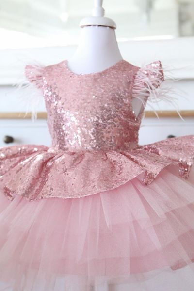 Jewel Neck Cap Sleeves Tulle Flower Girl Dress With Sequins