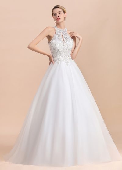 A-line Halter-neck Sleeveless Floor-length Tulle Bridal Dress With Rhinestone