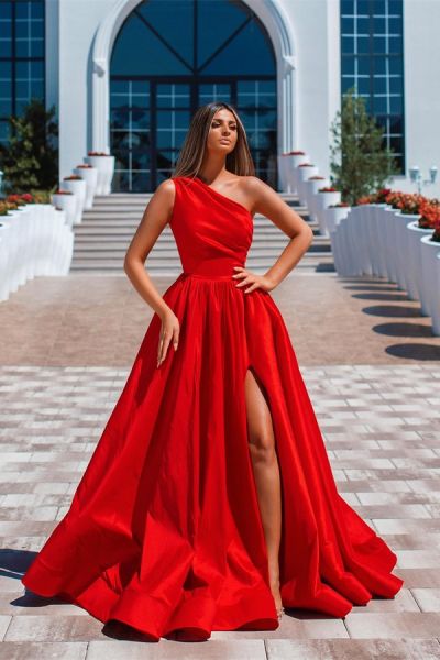 A-line One Shoulder Sleeveless Floor-length Stretch Satin Evening Dress With Ruffles