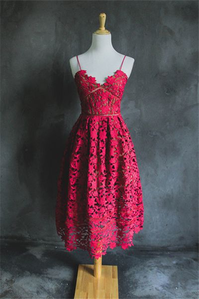 A-line Spaghetti Straps Sleeveless Tea-length Cocktail Party Dress With Lace