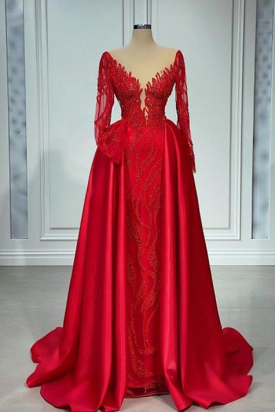A-line Jewel Neck Long Sleeves Floor-length Stretch Satin Evening Dress With Ruffles