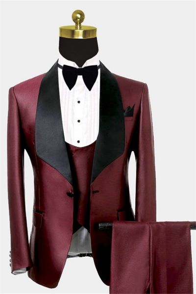 Burgundy Three-Piece Tuxedo with Black Shawl Lapel