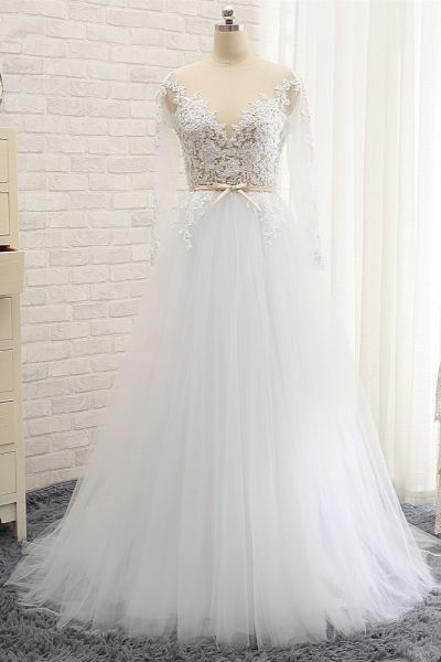 A-line Jewel Neck Long Sleeves Floor-length Tulle Wedding Dress With Appliques