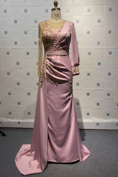 A-line Jewel Neck Long Sleeves Sweep / Brush Train Stretch Satin Evening Dress With Lace