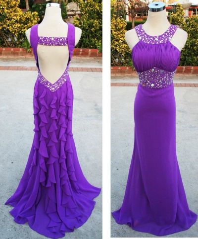 A-line Halter-neck Sleeveless Sweep / Brush Train 100D Chiffon Evening Dress With Beading