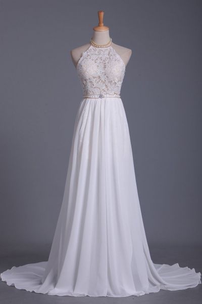 A-line Halter-neck Sleeveless Floor-length 100D Chiffon Bridal Gown With Lace