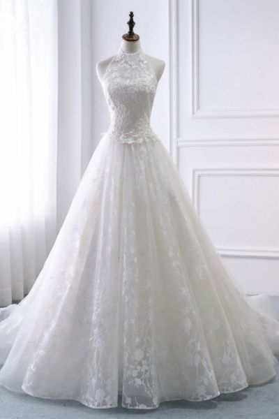 A-line Halter-neck Sleeveless Floor-length Tulle Bridal Gown With Appliques