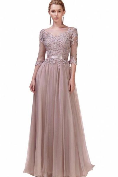 Column V-neck Long Sleeves Floor-length Tulle Evening Dress With Ribbons