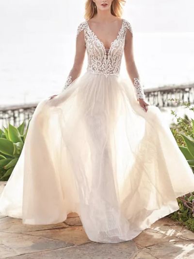 A-line V-neck Long Sleeves Sweep / Brush Train Tulle Wedding Gown With Buttons
