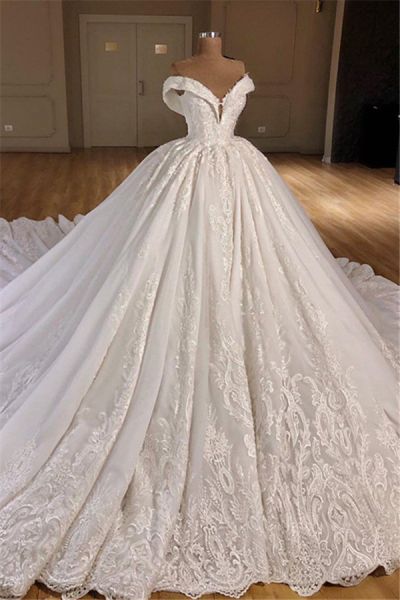 Ball Gown Off-the-shoulder Sleeveless Cathedral Train Bridal Gown With Appliques