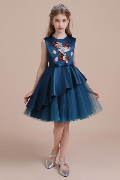 A-line Jewel Neck Sleeveless Knee-length Satin Flower Girl Dress With Embroidery