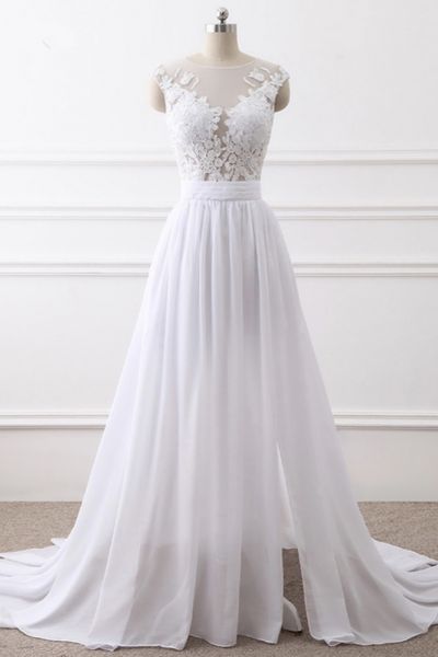 A-line Jewel Neck Sleeveless Floor-length Tulle Wedding Dress With Split Front