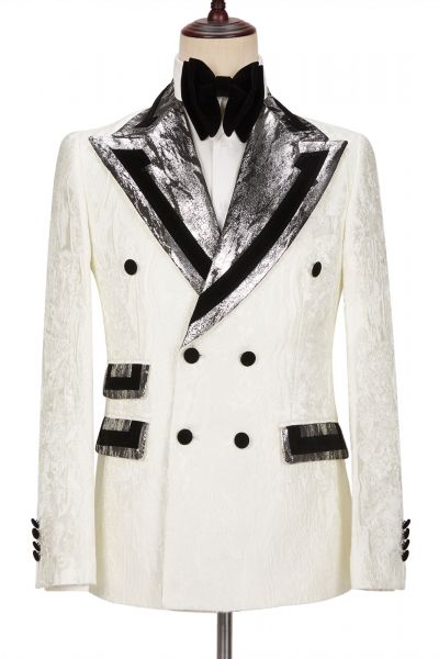 White Jacquard Men's Wedding Suit with Silver Gray Lapel Flaps