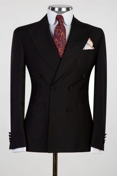 Black Double Breasted Business Men Suit with Peaked Lapel
