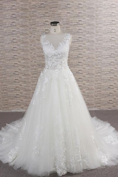 A-line Jewel Neck Sleeveless Court Train Tulle Bridal Gown With Appliques