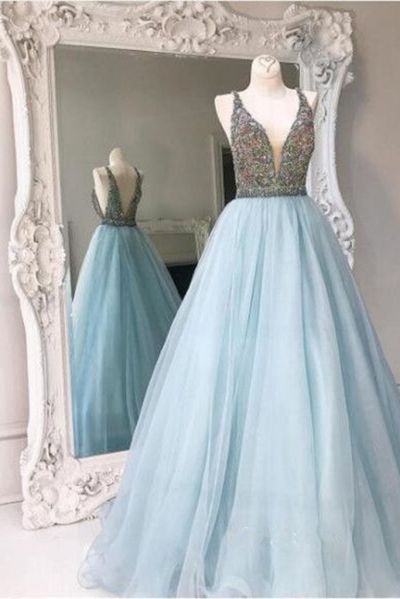 A-line V-neck Sleeveless Floor-length Tulle Homecoming Dress With Crystal