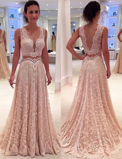 A-line V-neck Sleeveless Sweep / Brush Train Evening Gown With Lace