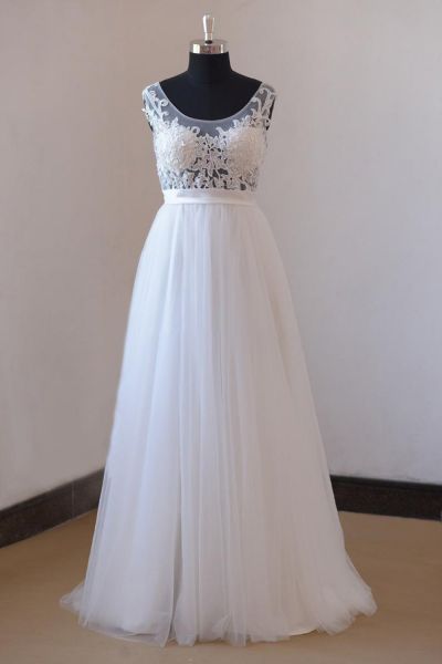 A-line Jewel Neck Sleeveless Floor-length Tulle Wedding Gown With Appliques