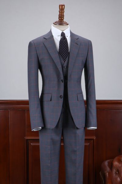 Dark Gray Plaid Notched Lapel Business Suit
