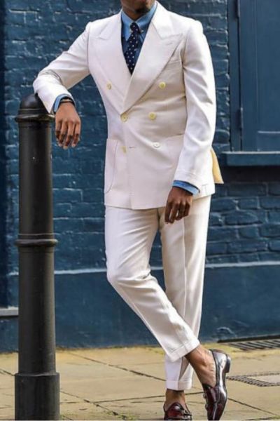 Off White Double Breasted Men's Suit with Peaked Lapel for Business