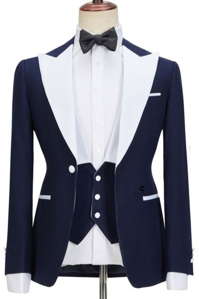 Navy Blue Peaked Lapel Slim Fit Three Pieces Men Suit
