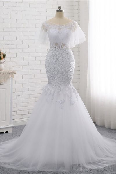 Mermaid Jewel Neck Sleeveless Floor-length Tulle Wedding Gown With Appliques
