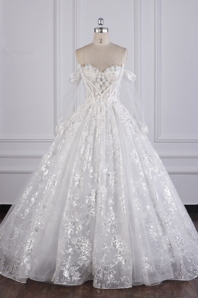 Ball Gown Off-the-shoulder Sweetheart Neck Sleeveless Floor-length Tulle Wedding Gown With Sequins