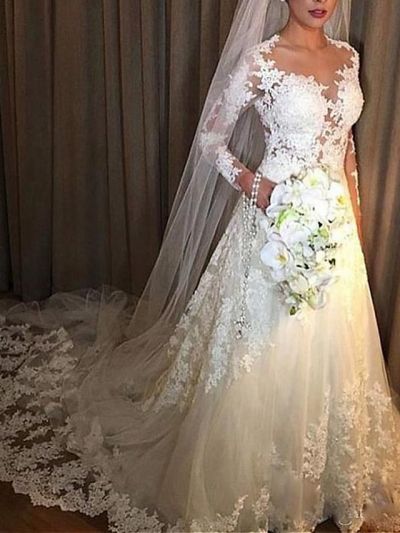 A-line V-neck Long Sleeves Court Train Lace Wedding Gown With Lace