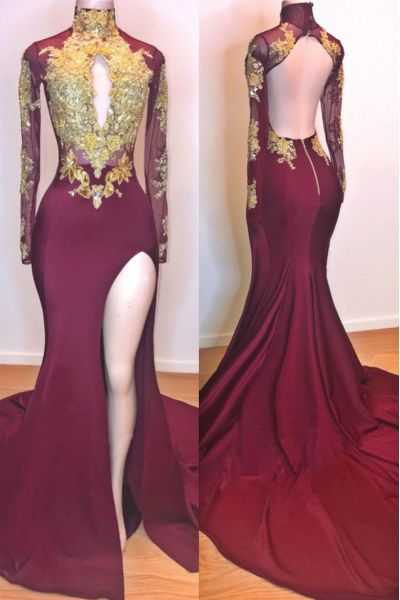 Mermaid High Neck Long Sleeves Court Train Formal Dress With Appliques