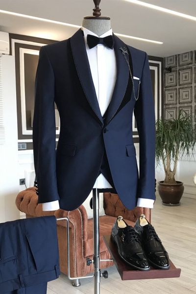 Navy Blue Wedding Suit with Shawl Lapel
