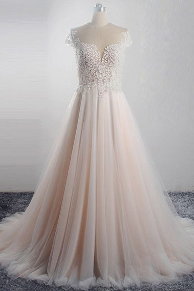 A-line Jewel Neck Sleeveless Floor-length Tulle Bridal Dress With Lace