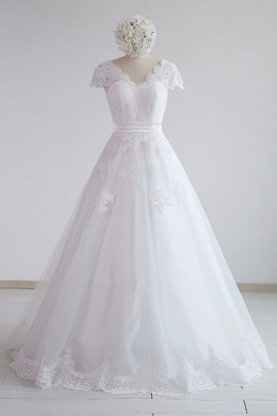 A-line V-neck Half-Sleeves Floor-length Tulle Wedding Dress With Ribbons