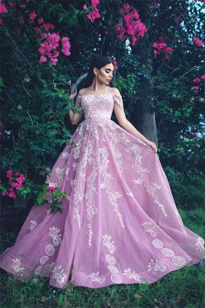 A-line Off-the-shoulder Court Train Tulle Formal Dress With Appliques