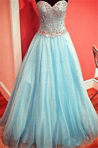 A-line Sweetheart Neck Sleeveless Sweep / Brush Train Tulle Evening Gown With Crystal