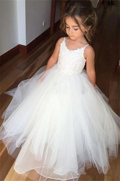 Spaghetti Straps Sleeveless Floor-length Tulle Flower Girl Dress With Lace