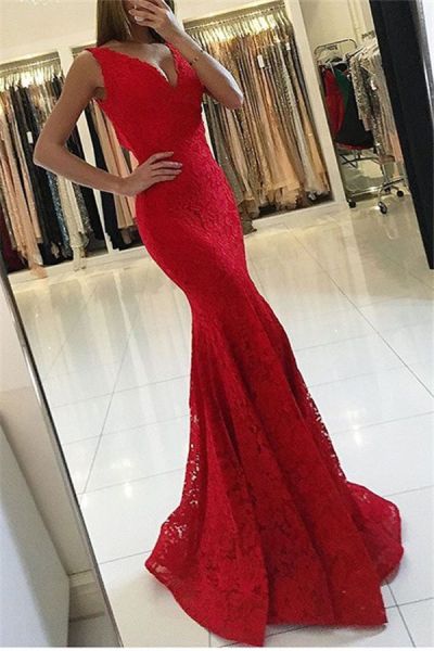 A-line V-neck Sleeveless Floor-length Evening Dress With Lace