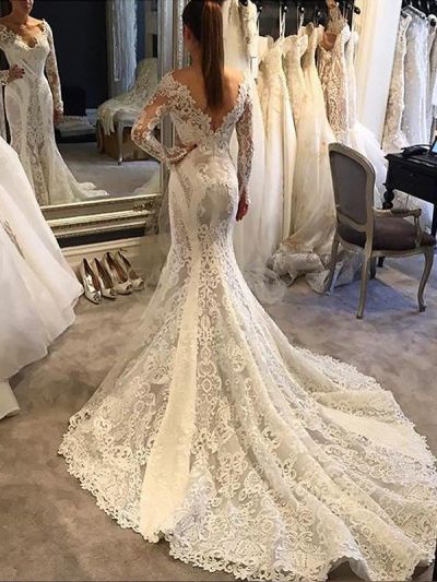 Mermaid V-neck Long Sleeves Lace Bridal Gown With Court Train