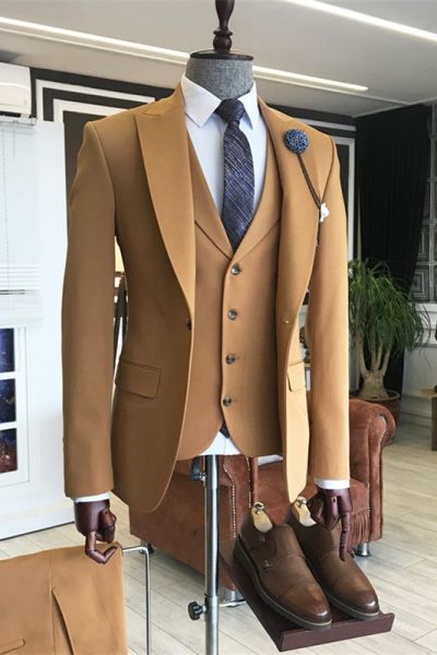 Gold Brown Three Pieces Peaked Lapel Men's Suit