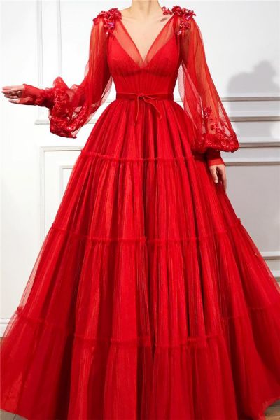 A-line V-neck Long Sleeves Floor-length Tulle Evening Dress With Ruffles
