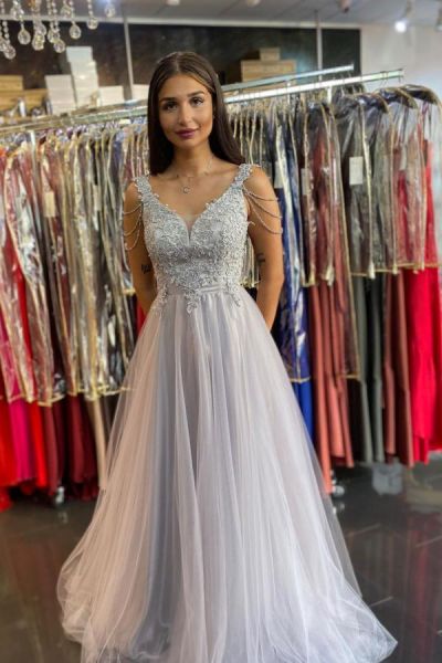 A-line Spaghetti Straps Sleeveless Sweep / Brush Train Tulle Formal Dress With Lace