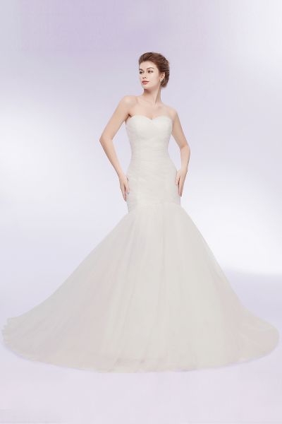 Mermaid Strapless Sweetheart Neck Sleeveless Court Train 100D Chiffon Bridal Gown With Ruffles