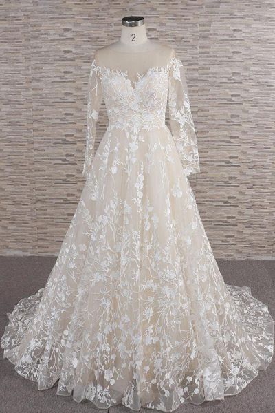 A-line Jewel Neck Long Sleeves Court Train Tulle Bridal Gown With Lace