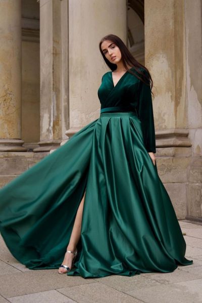 A-line V-neck Long Sleeves Sweep / Brush Train Velvet Formal Dress With Ruffles