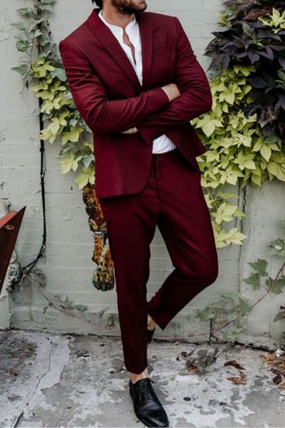 Burgundy Single Breasted Men's Suit with Peaked Lapel for Prom