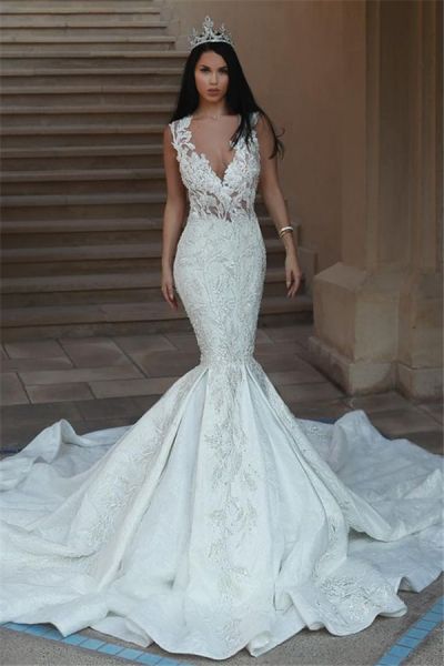 Mermaid V-neck Sleeveless Court Train Bridal Gown With Lace