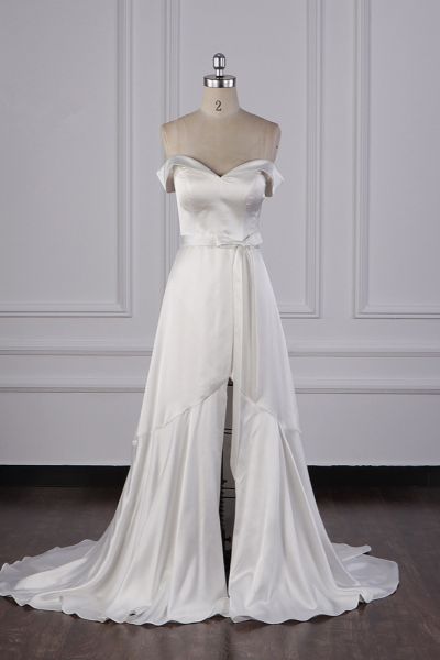 A-line Off-the-shoulder Sweetheart Neck Floor-length Satin Bridal Attire With Split Front