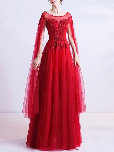 A-line Cap Sleeves Floor-length Tulle Bridal Dress With Beading