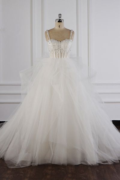 A-line Straps Sweetheart Neck Sleeveless Floor-length Tulle Wedding Dress With Appliques